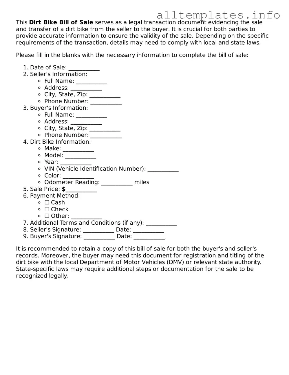 Fillable Dirt Bike Bill of Sale Document