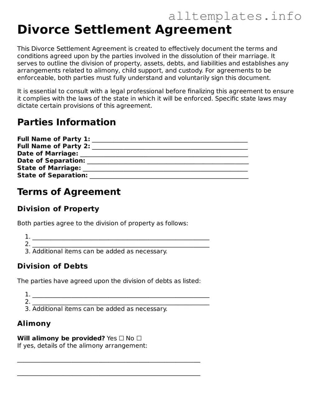 Fillable Divorce Settlement Agreement Document