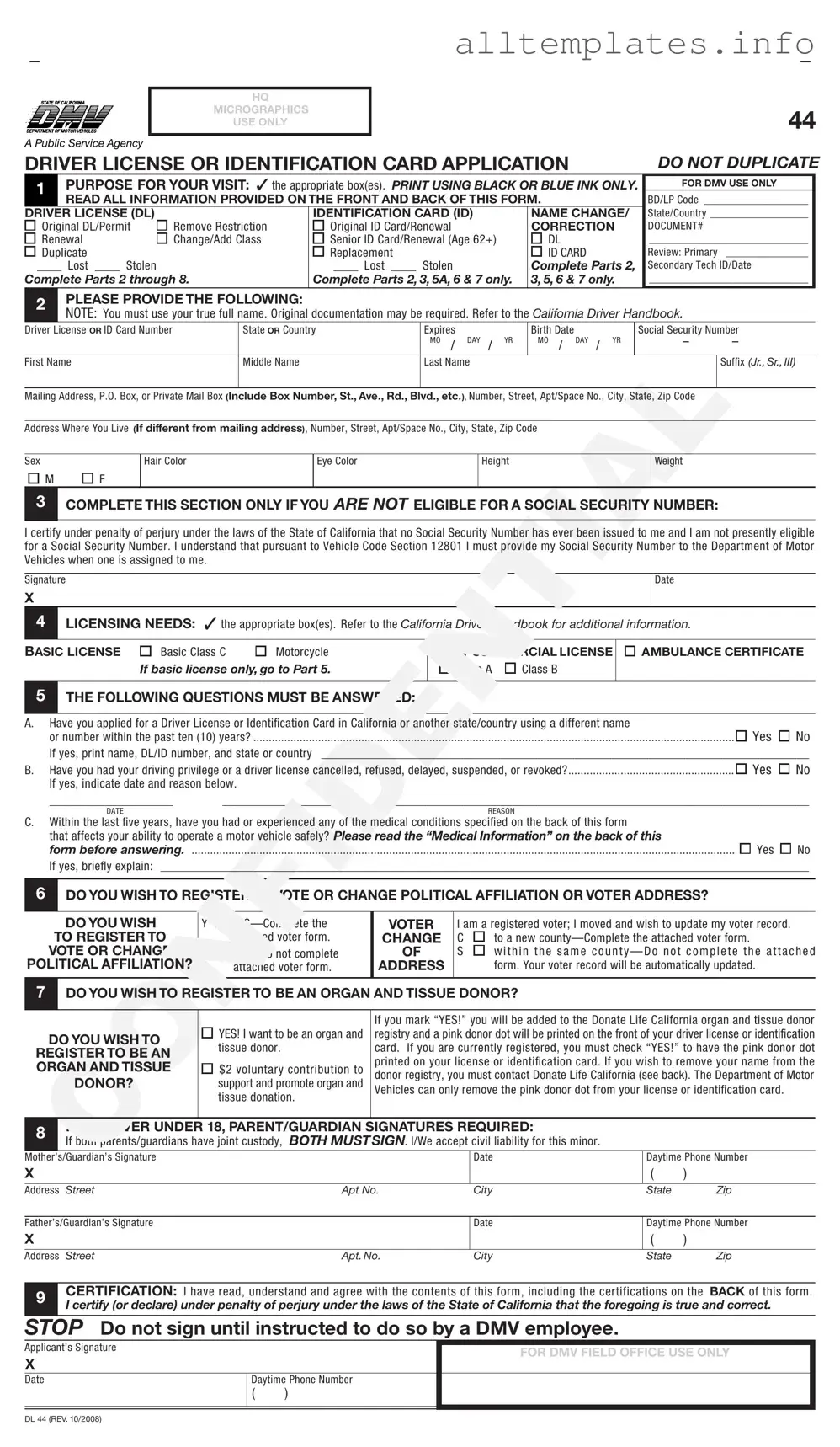 Fill Your Ca Dmv Dl 44 Template