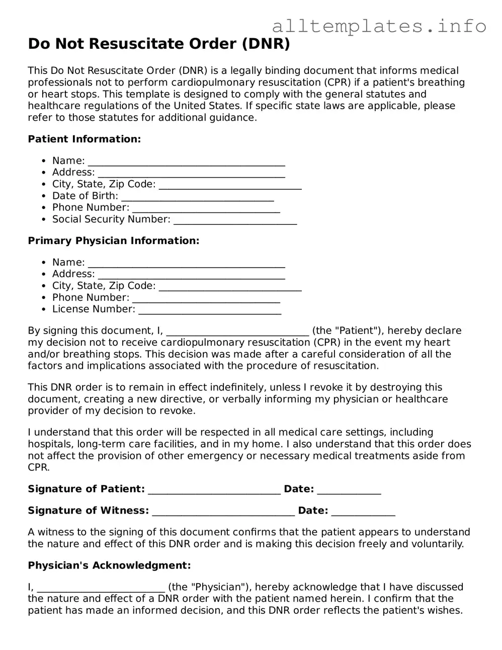 Fillable Do Not Resuscitate Order Document