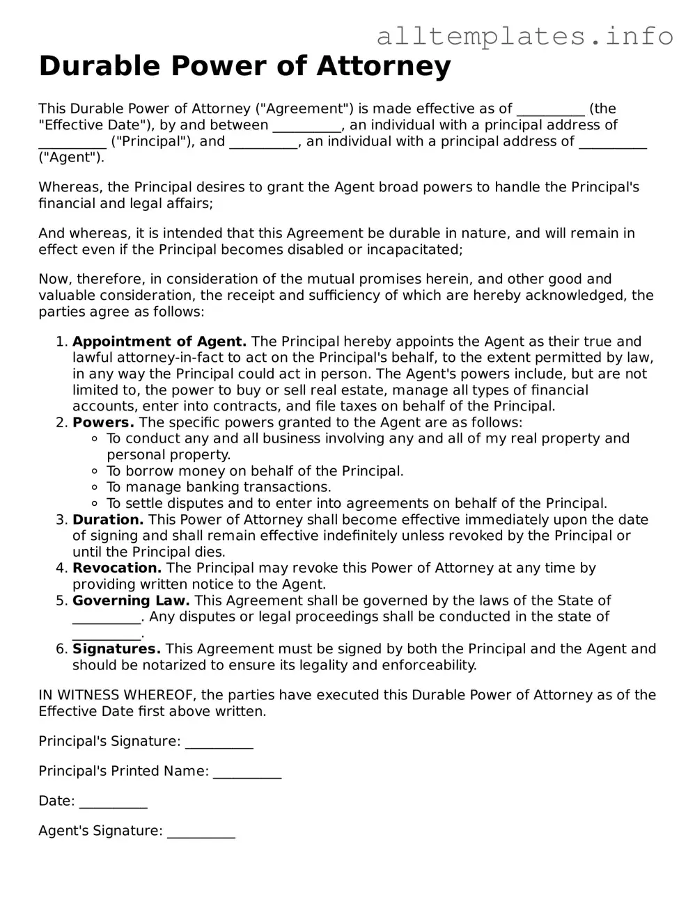 Fillable Durable Power of Attorney Document