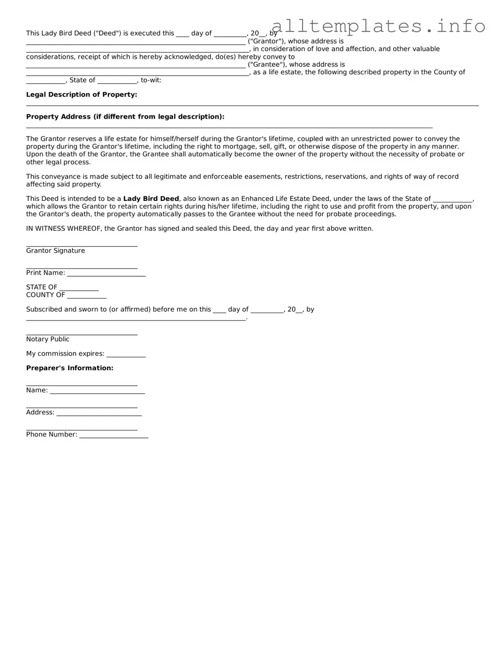 Fillable Lady Bird Deed Document
