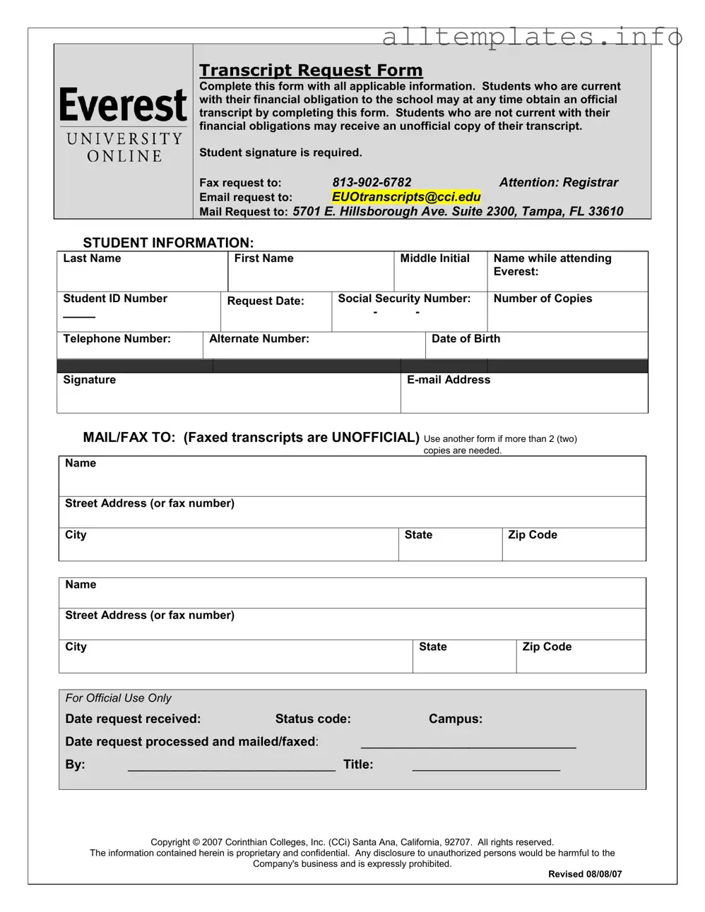 Fill Your Everest University Transcript Template