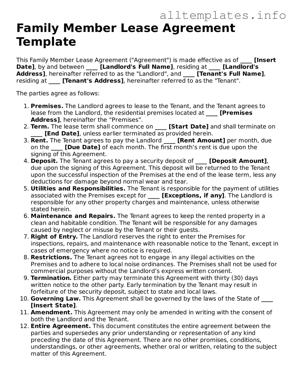 Fillable Family Member Lease Agreement Document