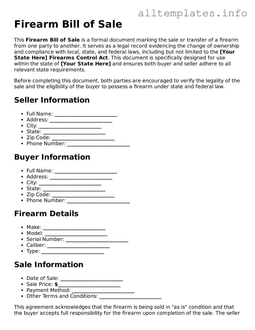 Fillable Firearm Bill of Sale Document