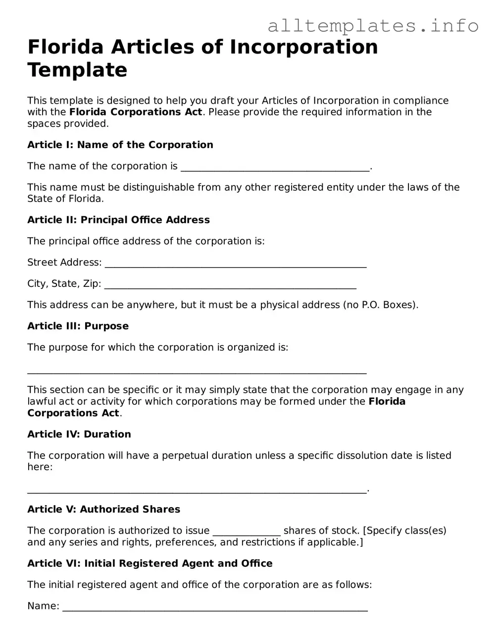 Attorney-Approved  Articles of Incorporation Document for Florida