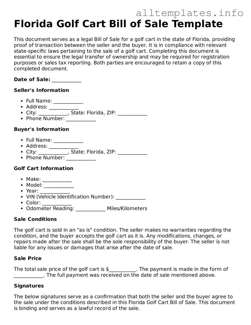Attorney-Approved  Golf Cart Bill of Sale Document for Florida