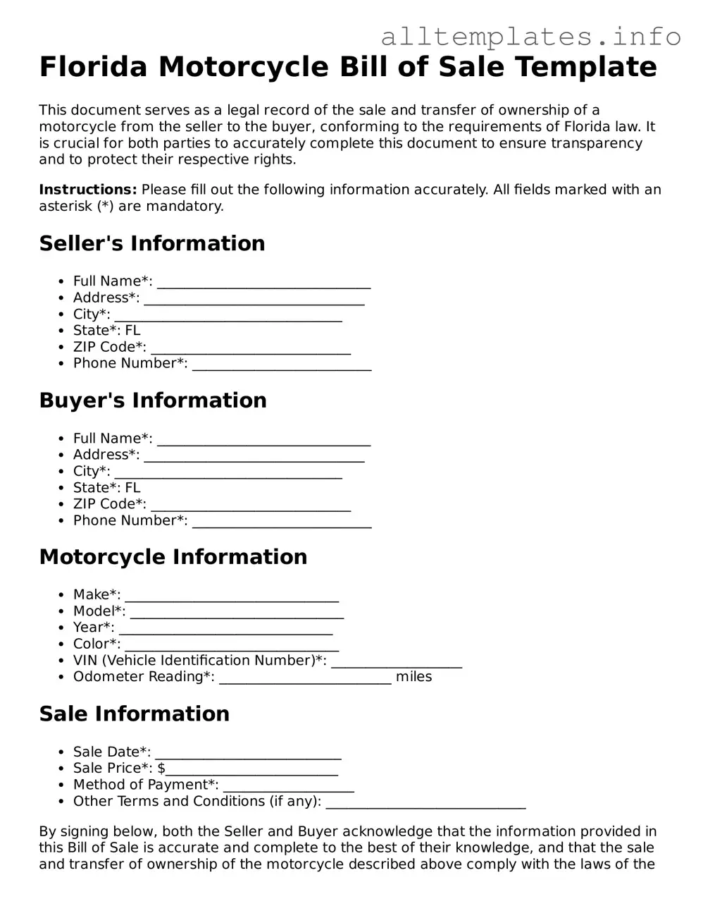 Attorney-Approved  Motorcycle Bill of Sale Document for Florida