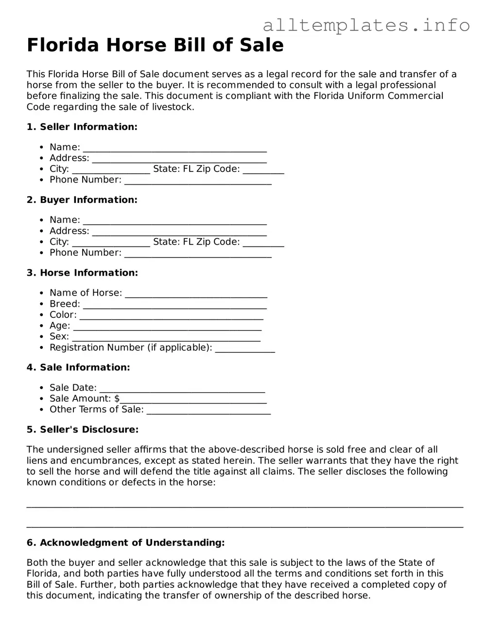 Attorney-Approved  Horse Bill of Sale Document for Florida