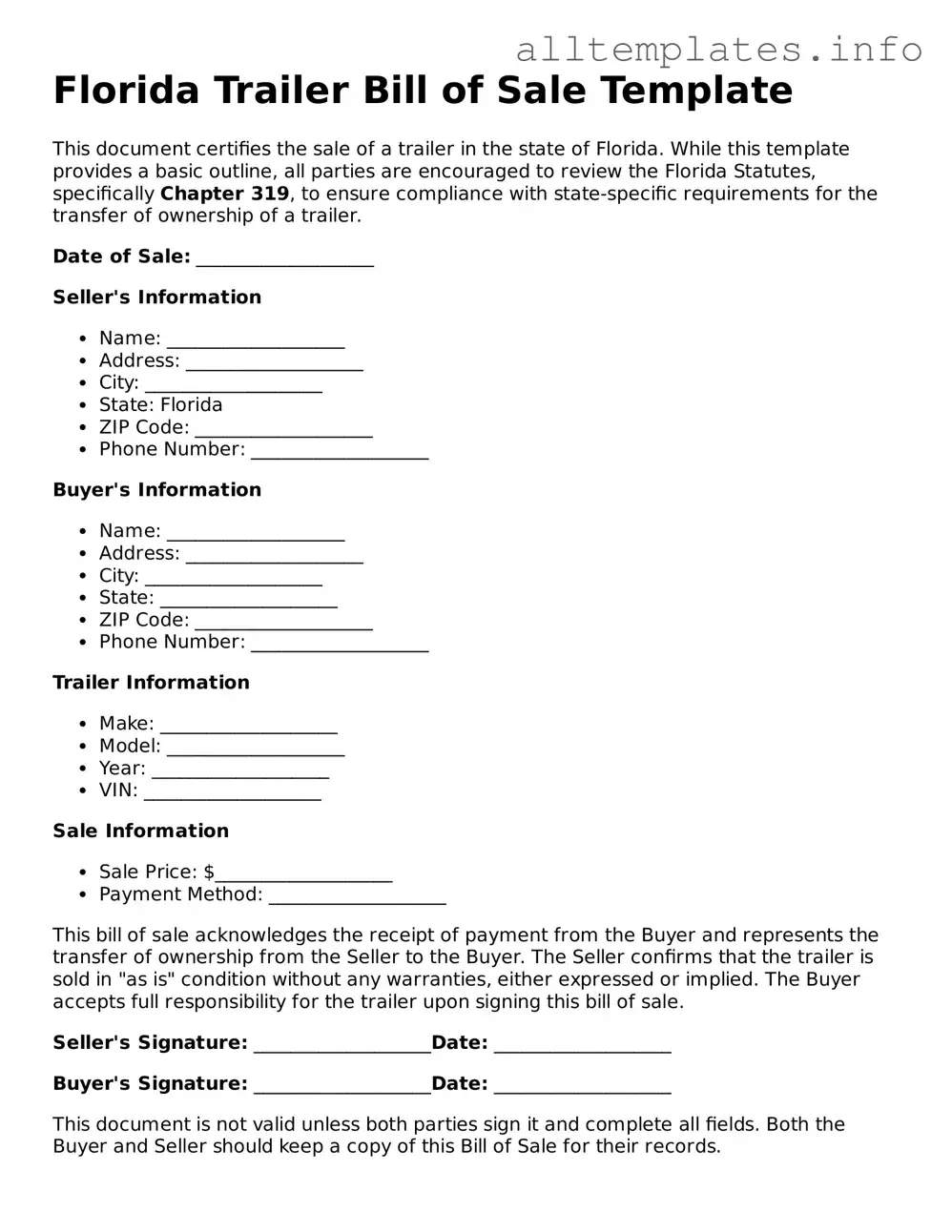 Attorney-Approved  Trailer Bill of Sale Document for Florida