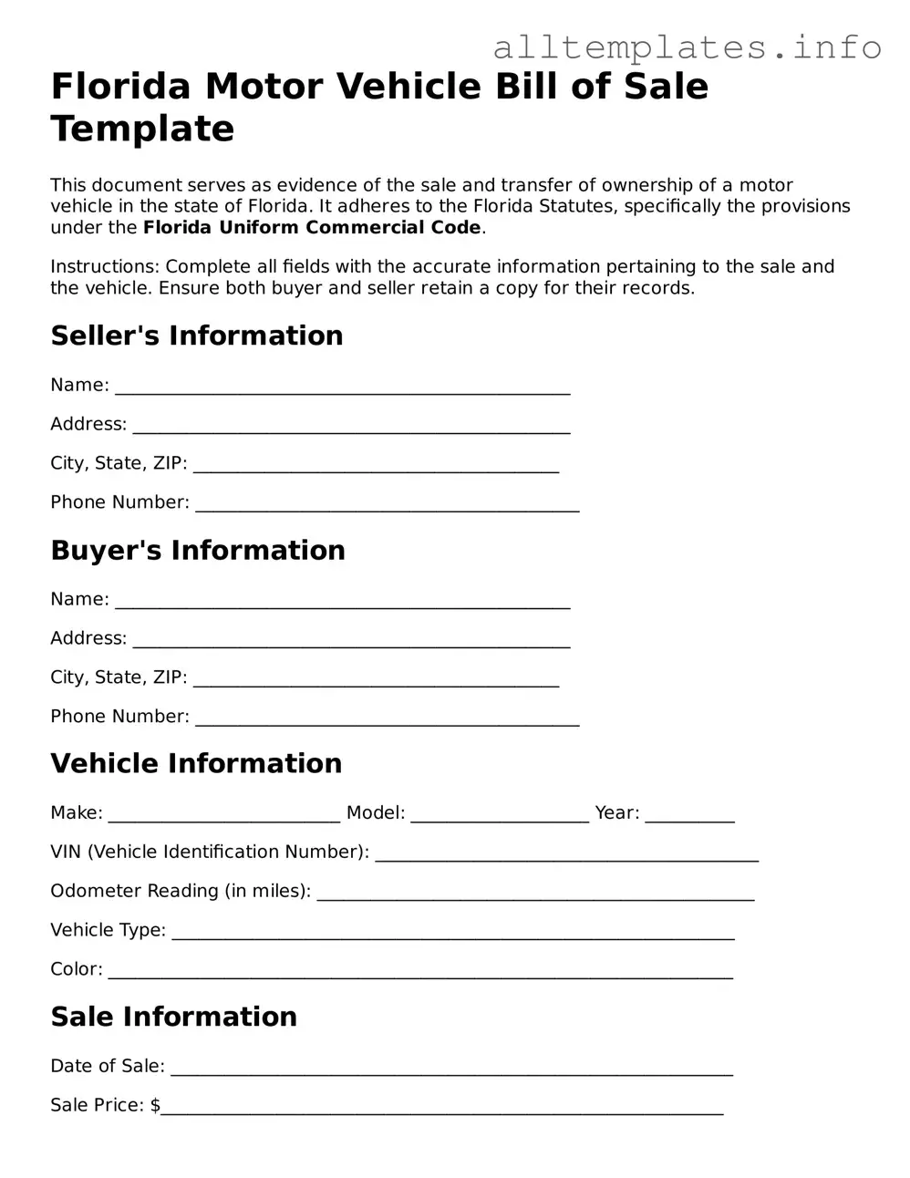 Attorney-Approved  Motor Vehicle Bill of Sale Document for Florida