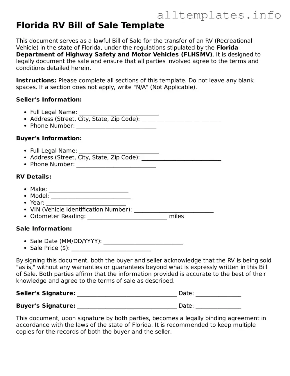 Attorney-Approved  RV Bill of Sale Document for Florida