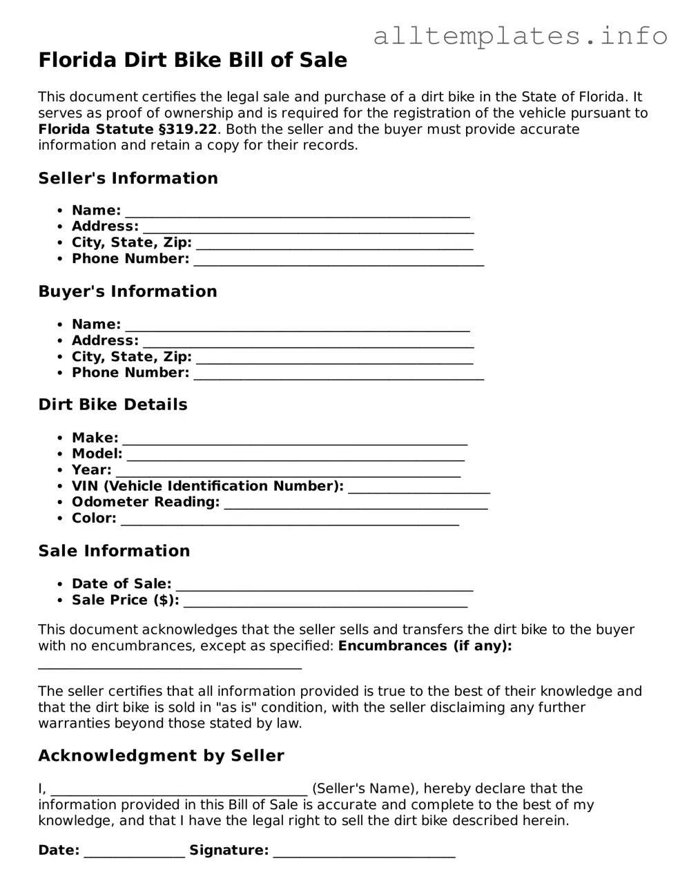 Attorney-Approved  Dirt Bike Bill of Sale Document for Florida