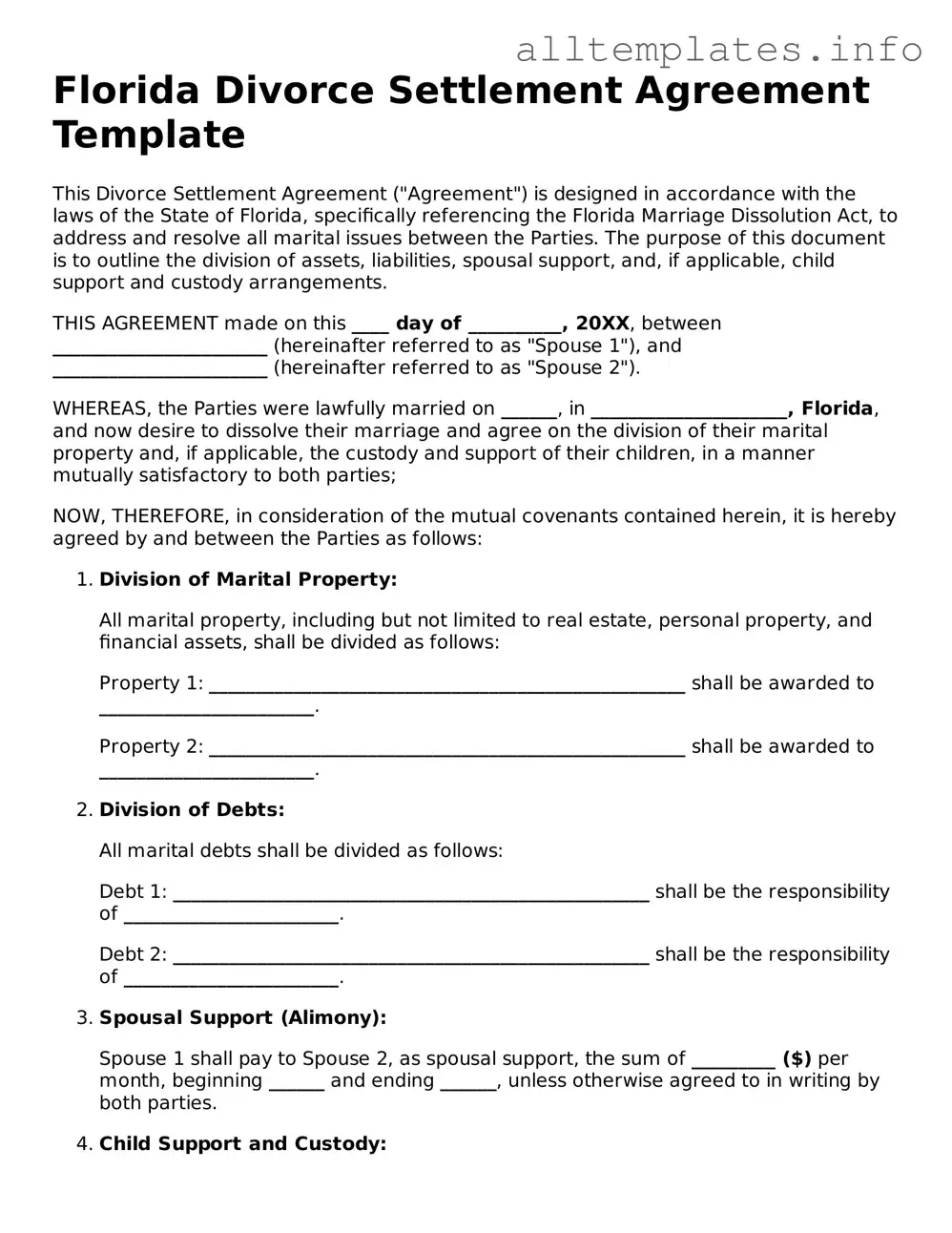 Attorney-Approved  Divorce Settlement Agreement Document for Florida