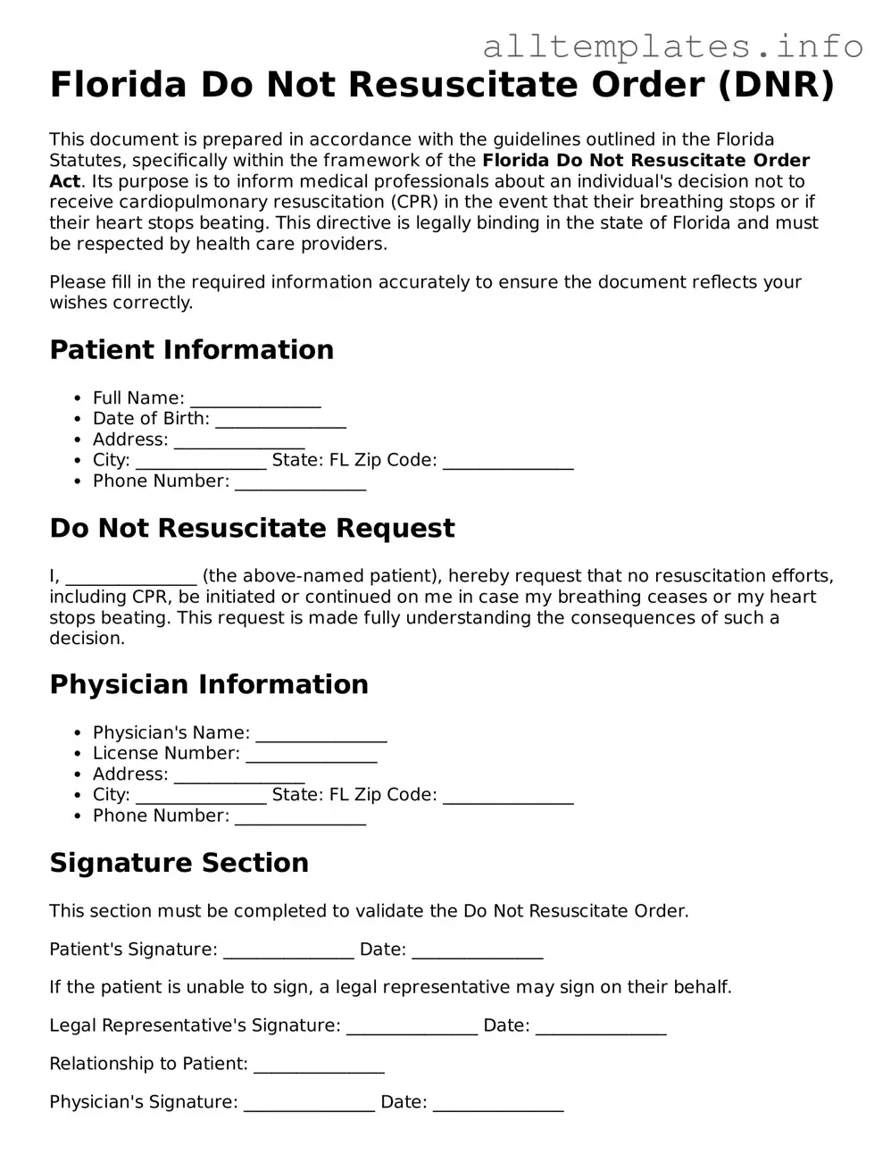 Attorney-Approved  Do Not Resuscitate Order Document for Florida