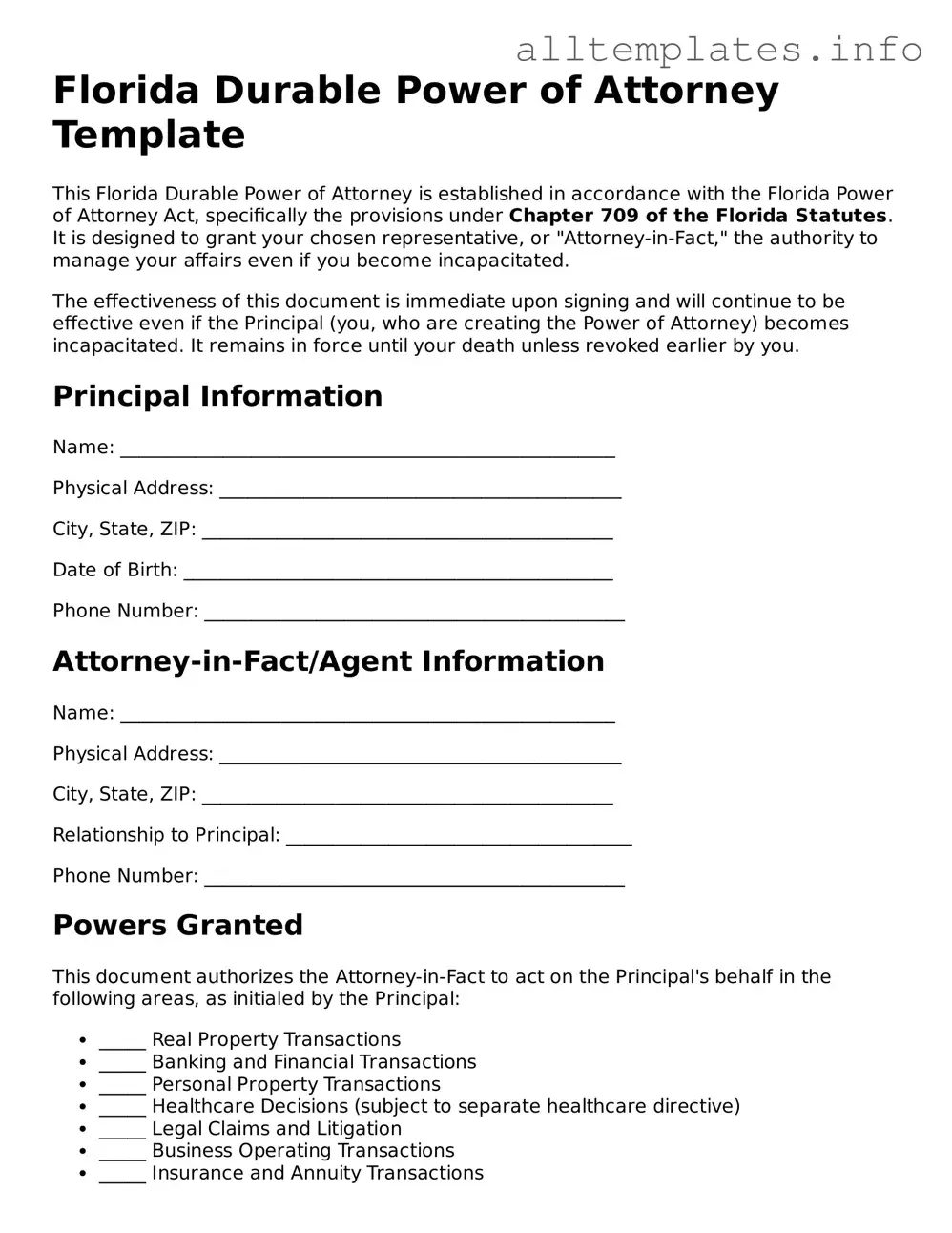 Attorney-Approved  Durable Power of Attorney Document for Florida