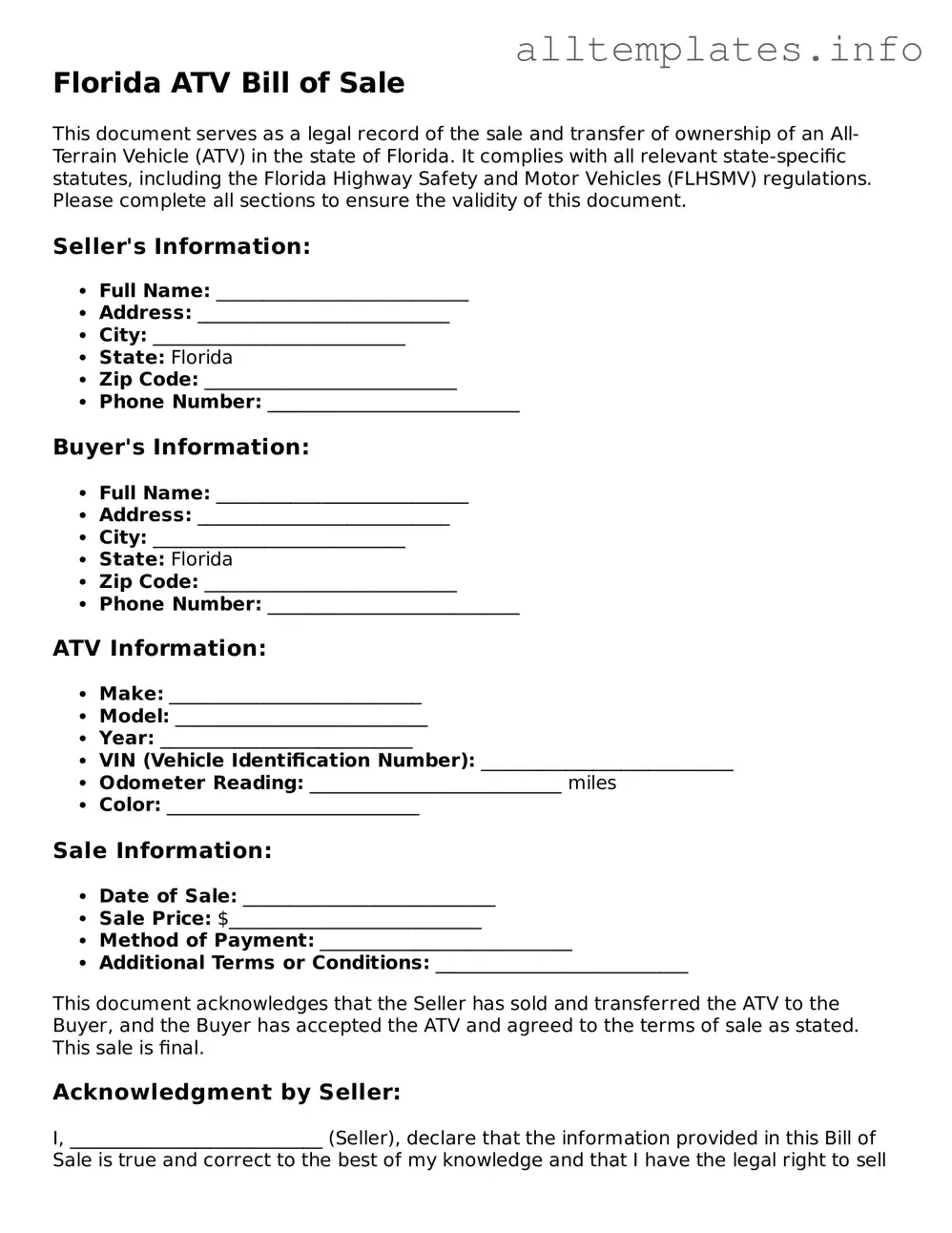 Attorney-Approved  ATV Bill of Sale Document for Florida