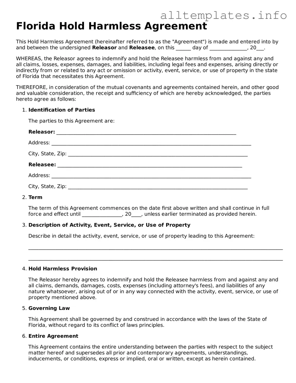 Attorney-Approved  Hold Harmless Agreement Document for Florida