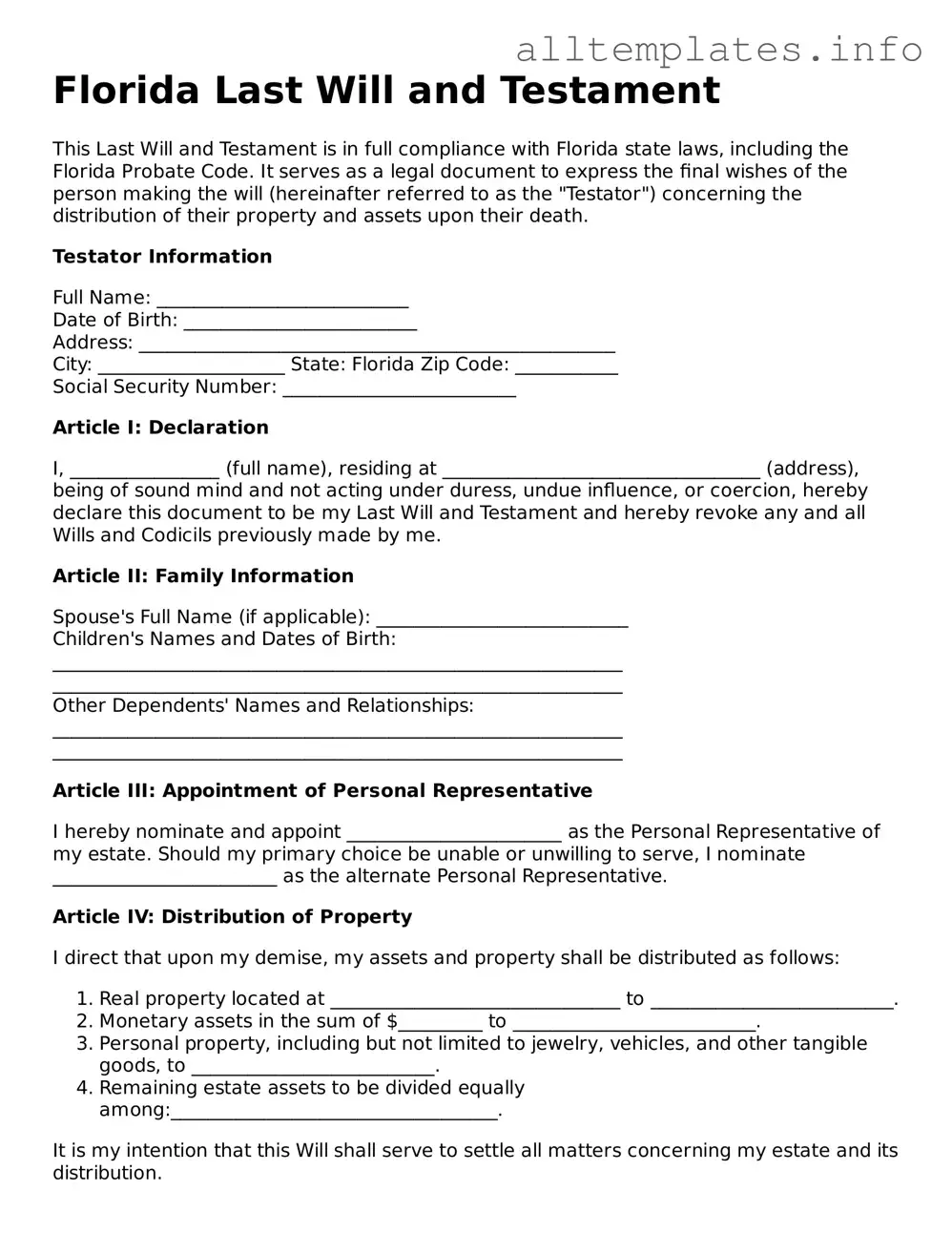 Attorney-Approved  Last Will and Testament Document for Florida