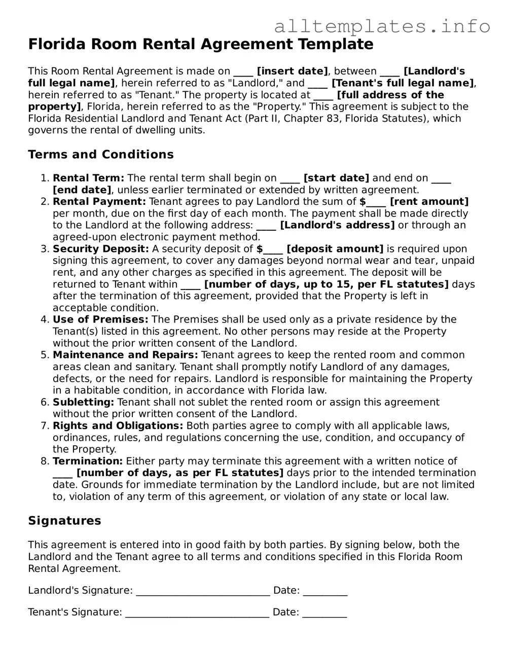 Attorney-Approved  Room Rental Agreement Document for Florida