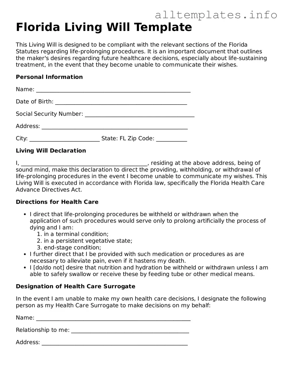 Attorney-Approved  Living Will Document for Florida