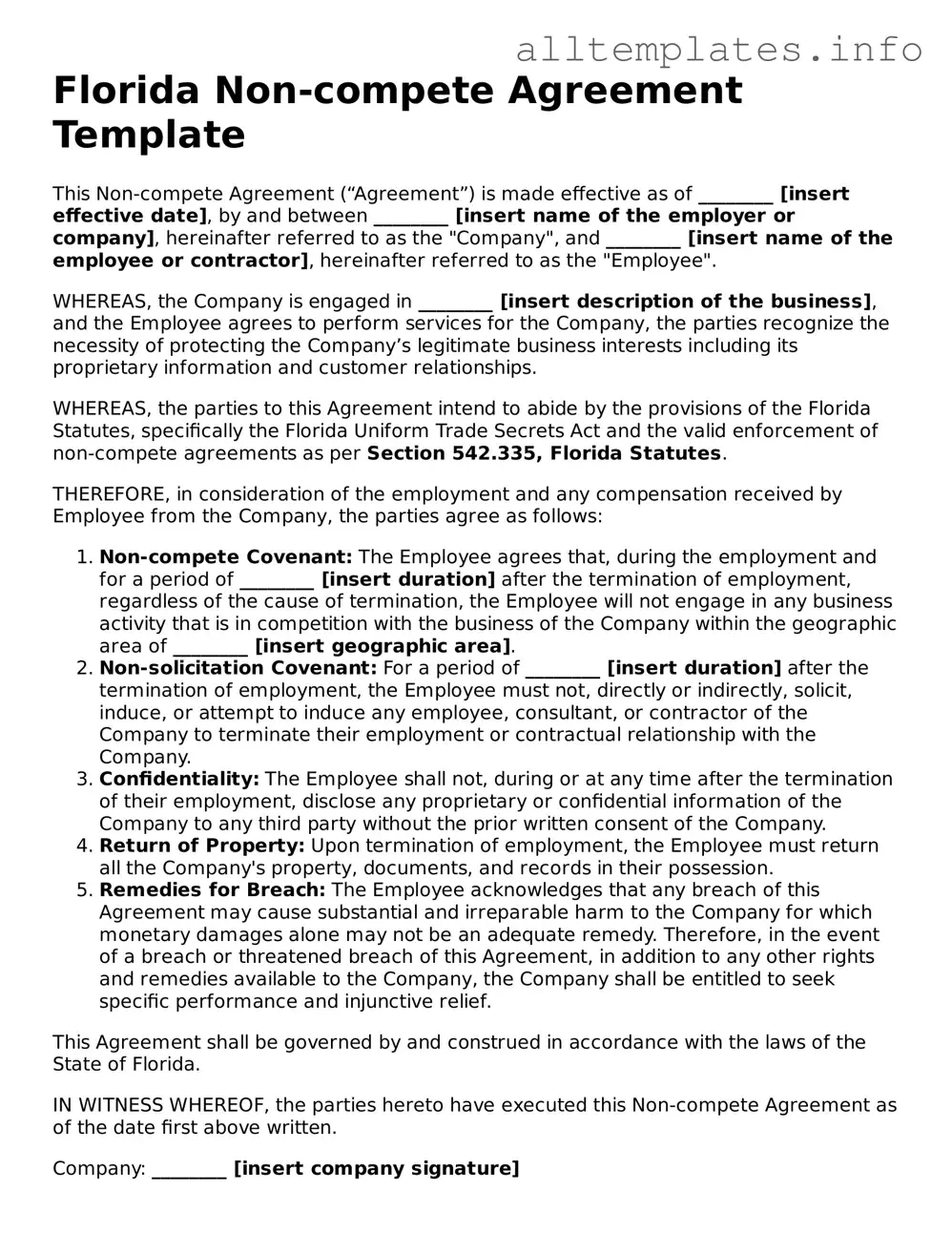 Attorney-Approved  Non-compete Agreement Document for Florida