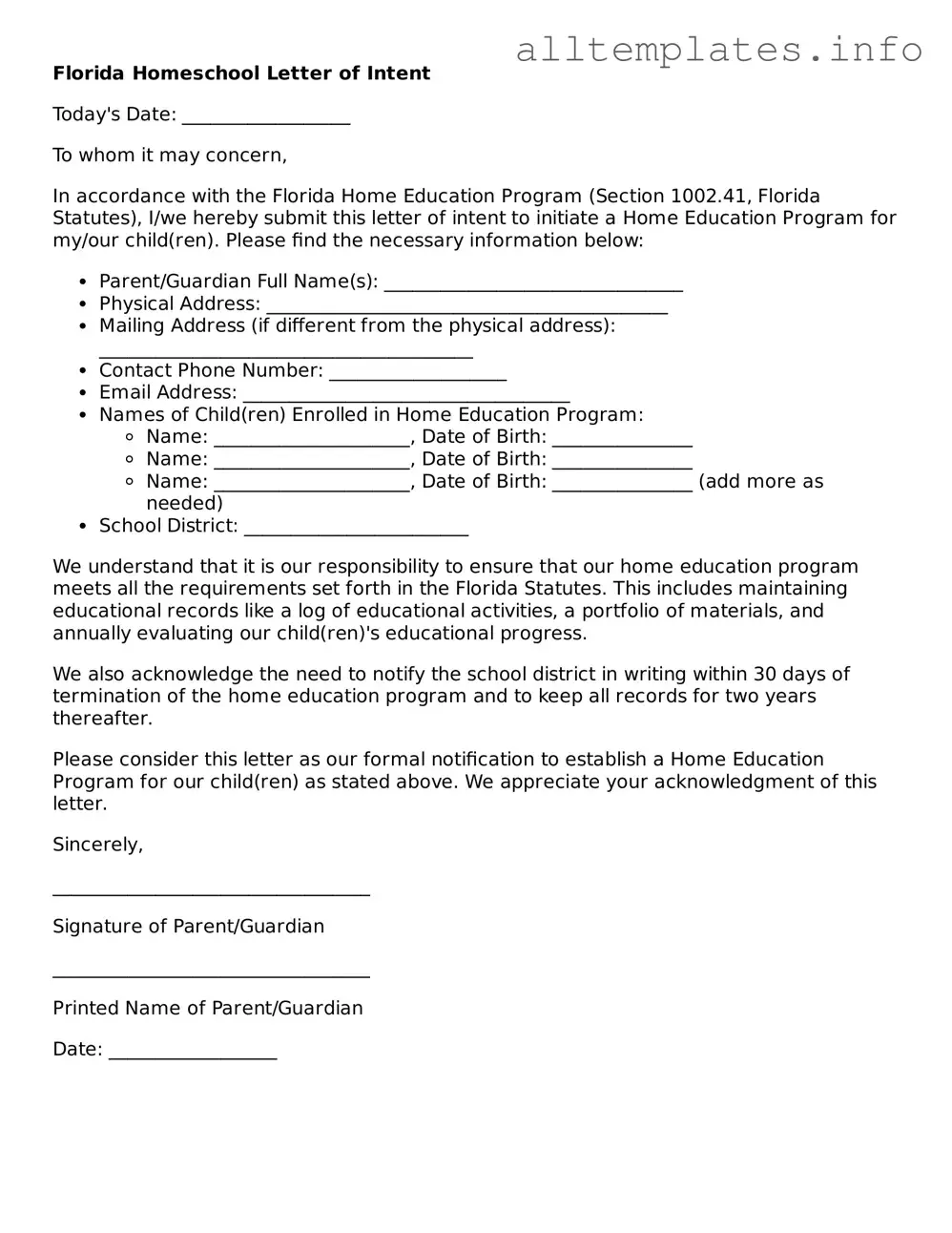 Attorney-Approved  Homeschool Letter of Intent Document for Florida