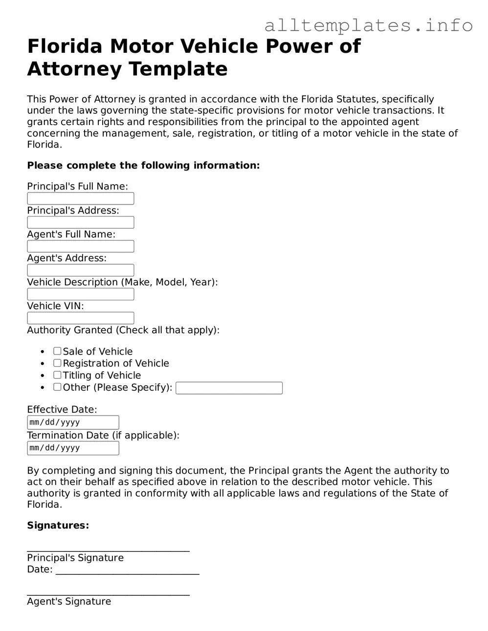 Attorney-Approved  Motor Vehicle Power of Attorney Document for Florida