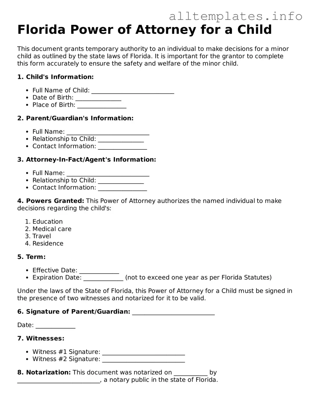 Attorney-Approved  Power of Attorney for a Child Document for Florida