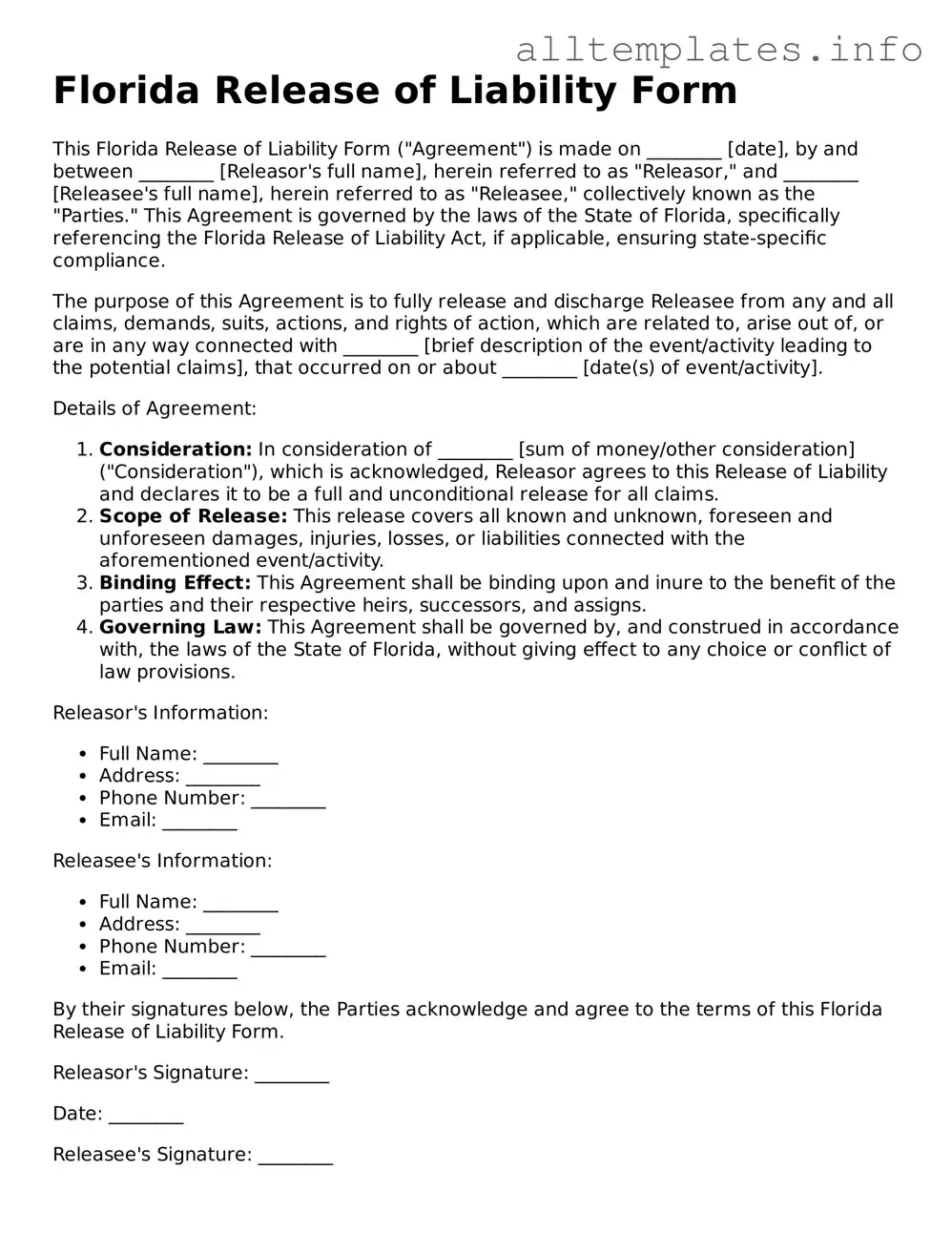Attorney-Approved  Release of Liability Document for Florida