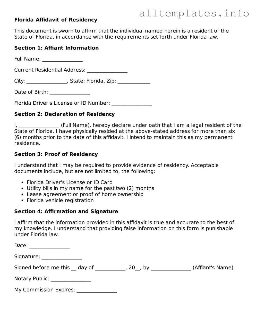 Attorney-Approved  Affidavit of Residency Document for Florida