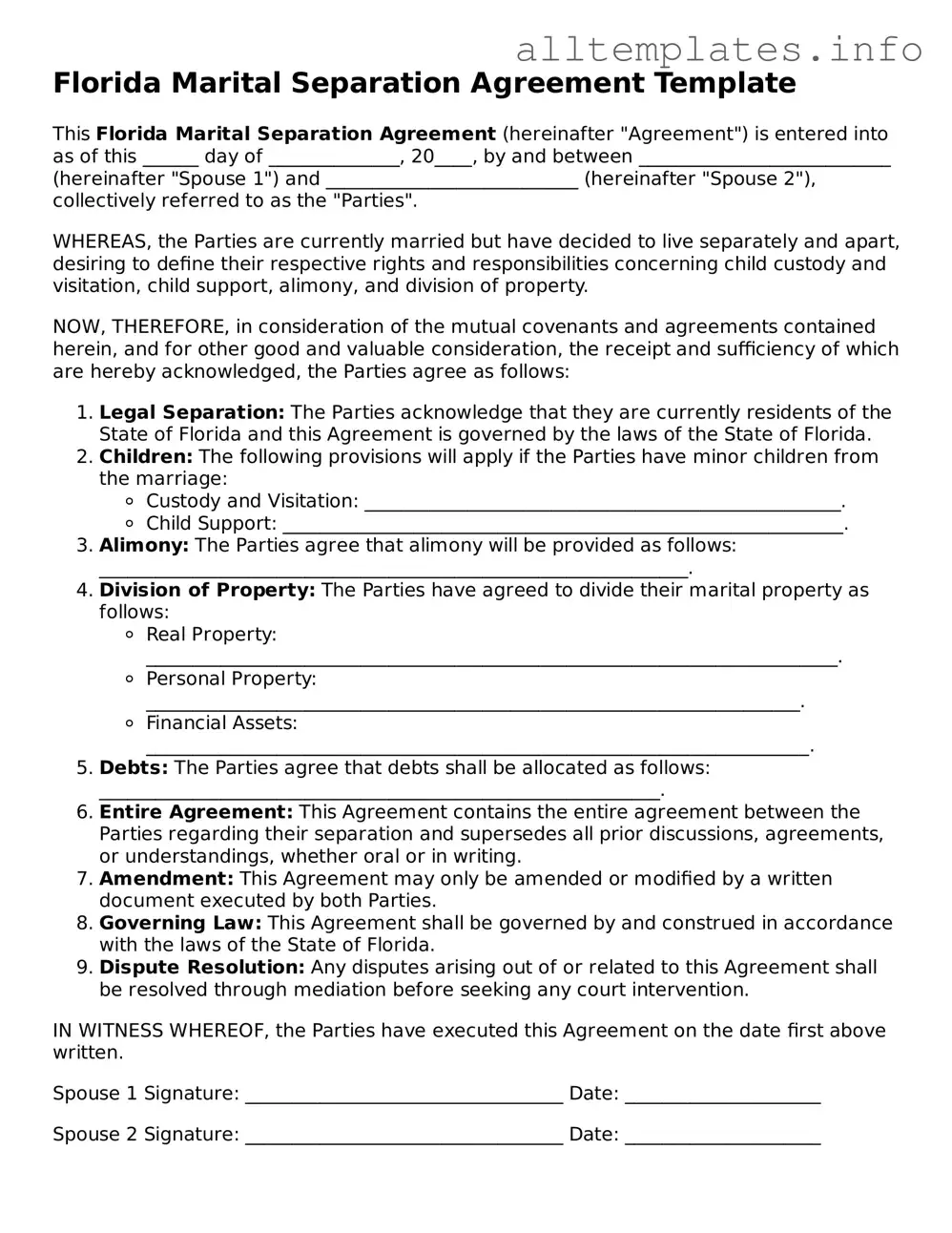 Attorney-Approved  Marital Separation Agreement Document for Florida