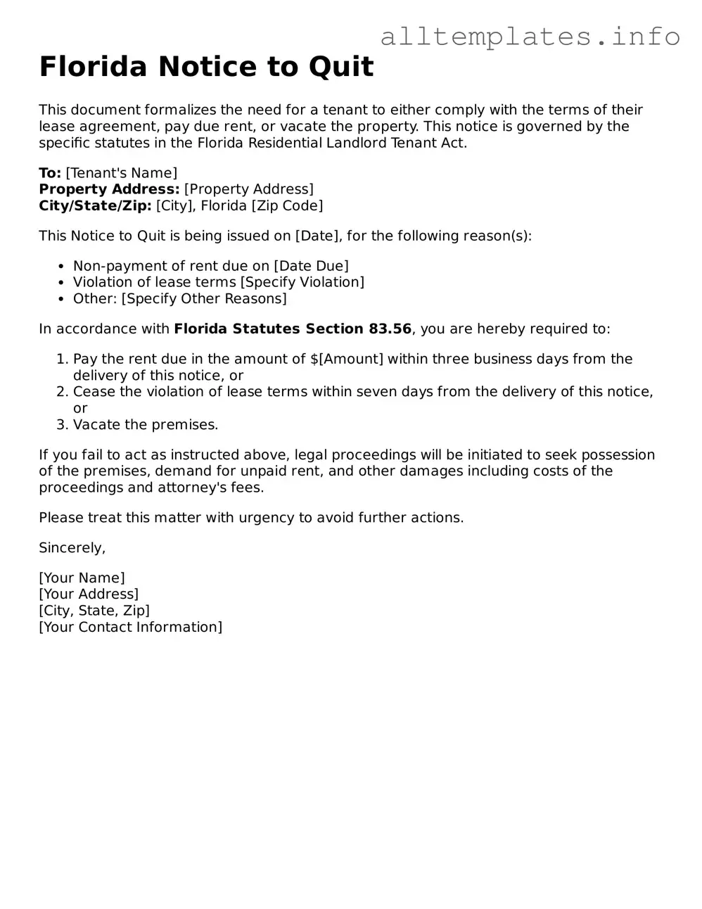 Attorney-Approved  Notice to Quit Document for Florida