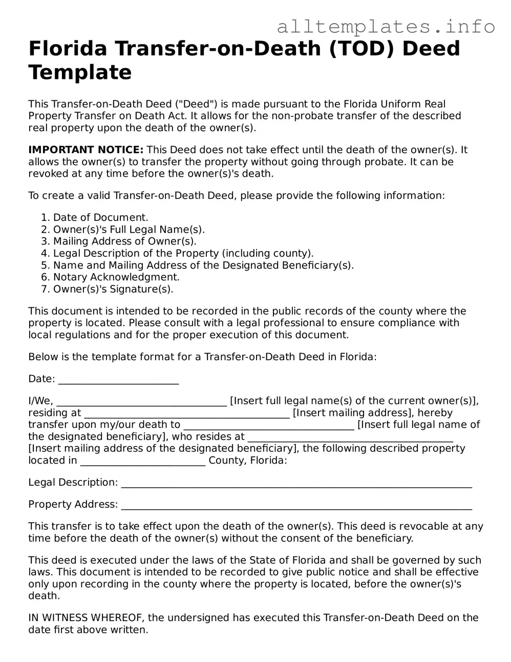 Attorney-Approved  Transfer-on-Death Deed Document for Florida