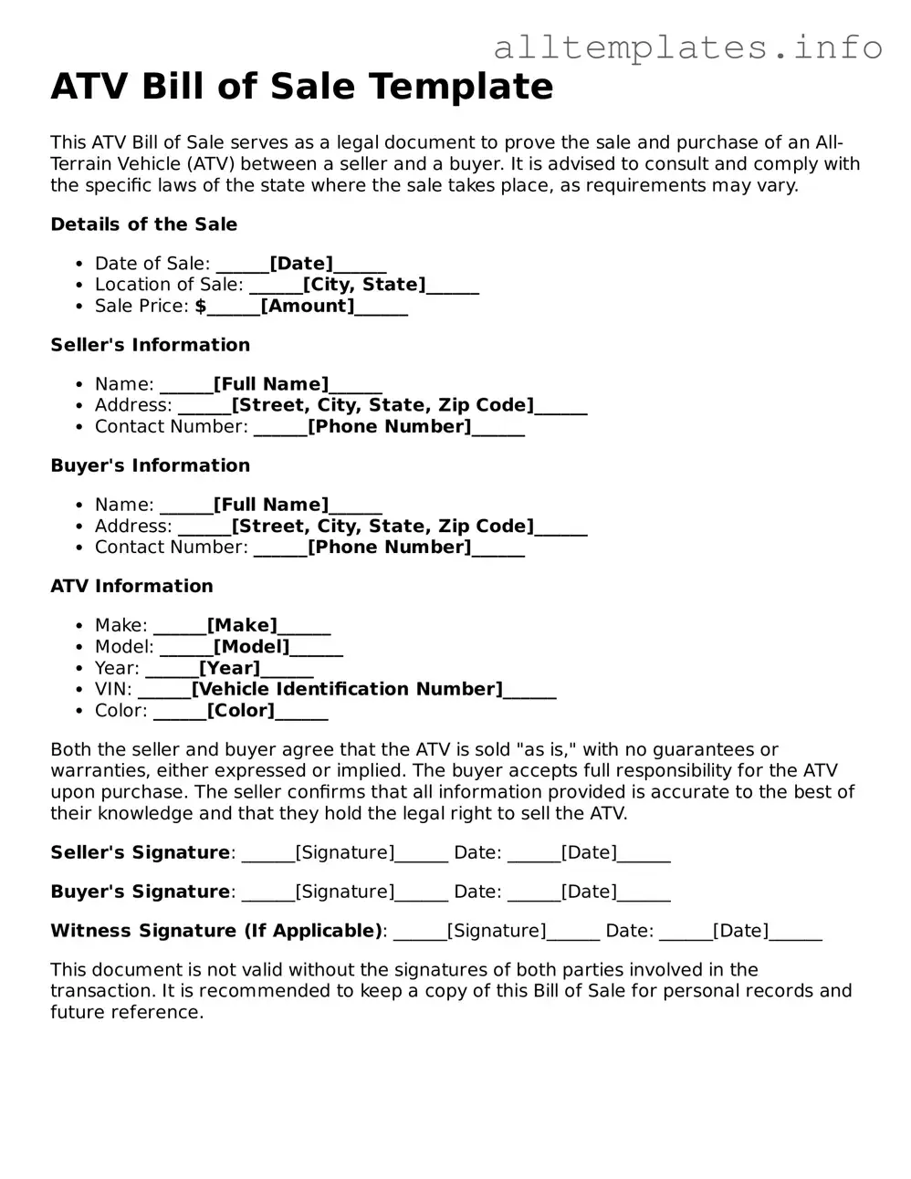 Fillable ATV Bill of Sale Document