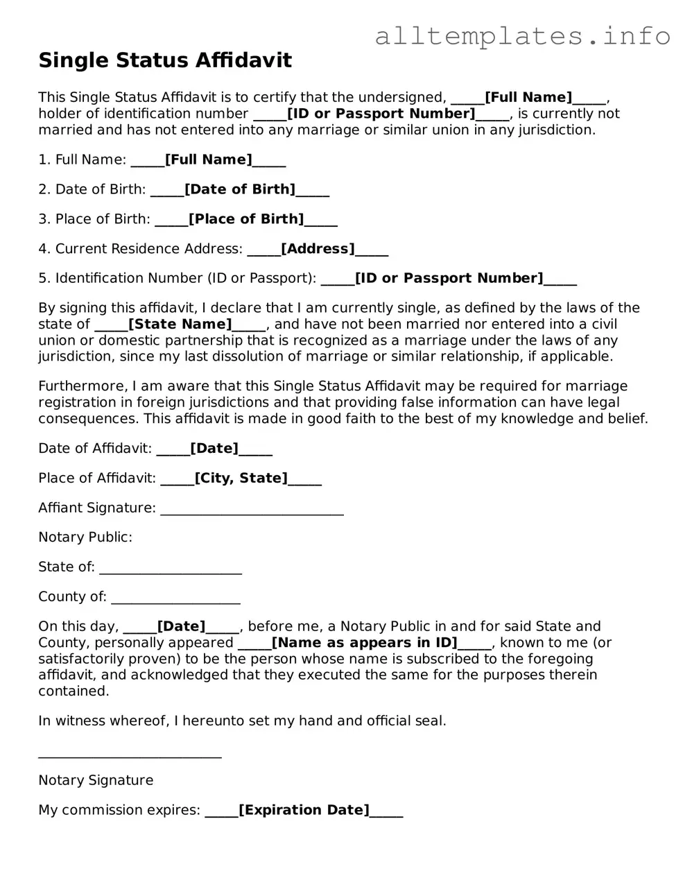 Fillable Single Status Affidavit Document
