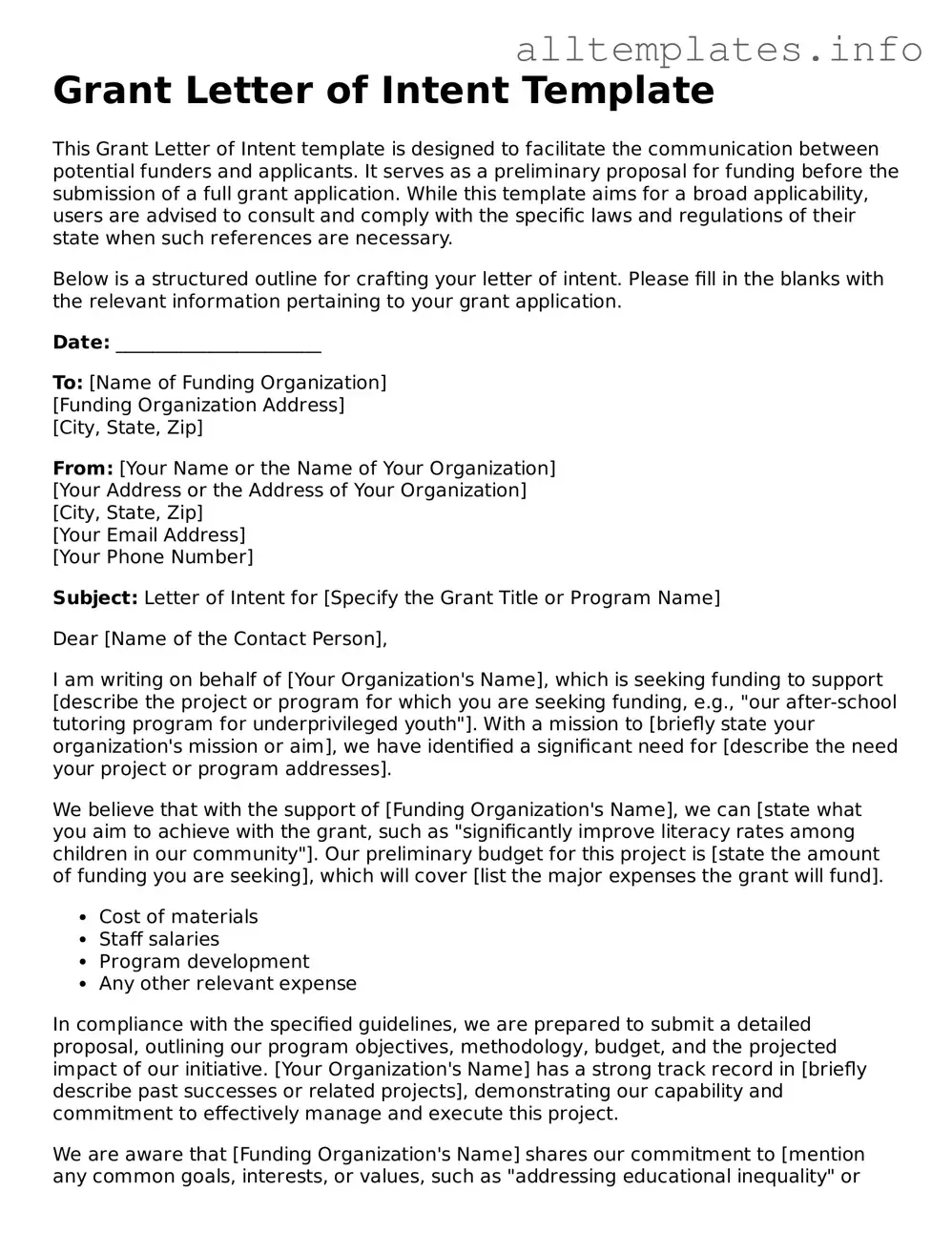 Fillable Grant Letter of Intent Document