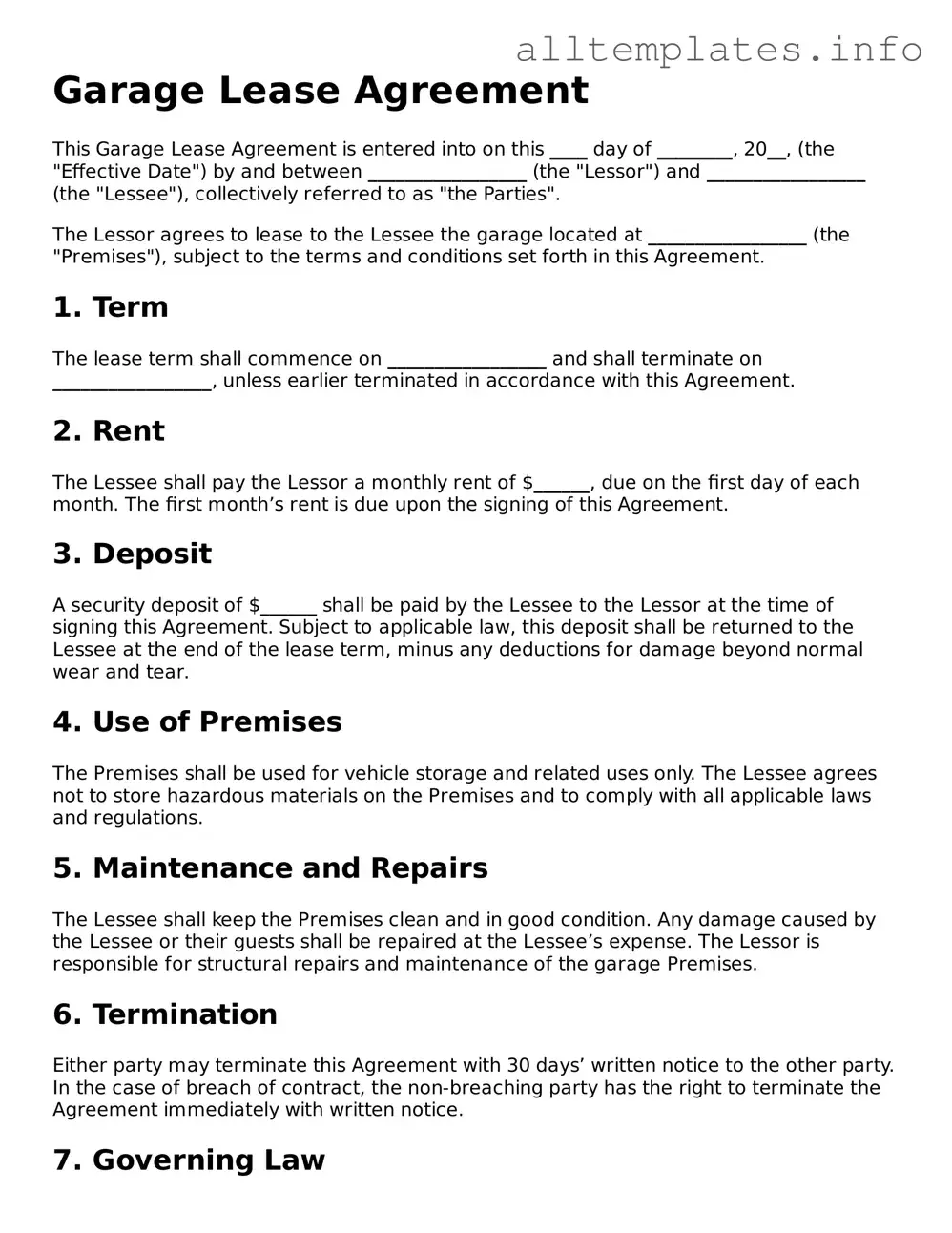 Fillable Garage Lease Agreement Document