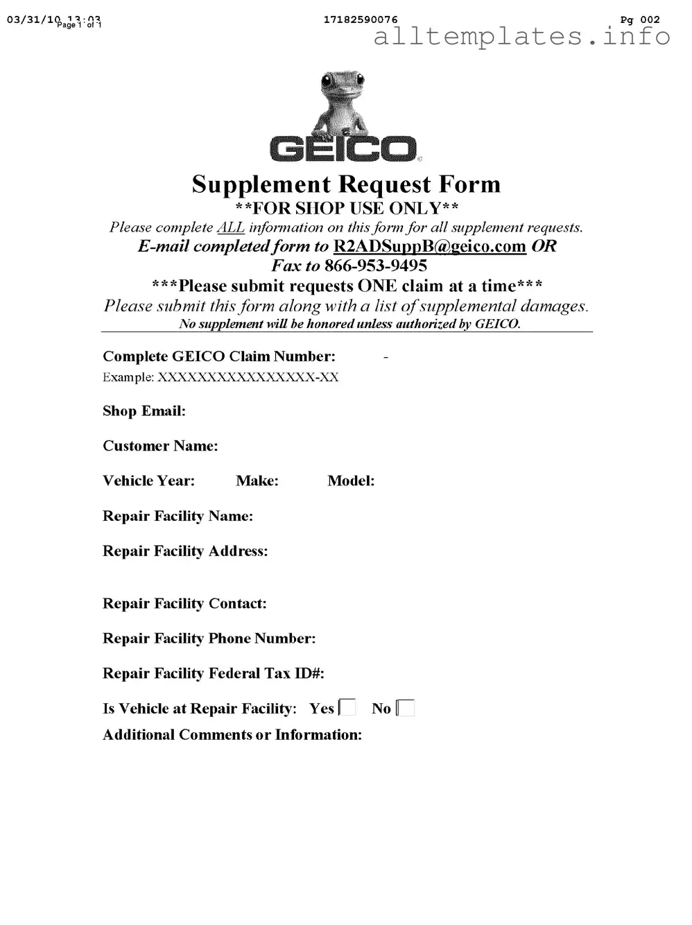 Fill Your Geico Supplement Request Template