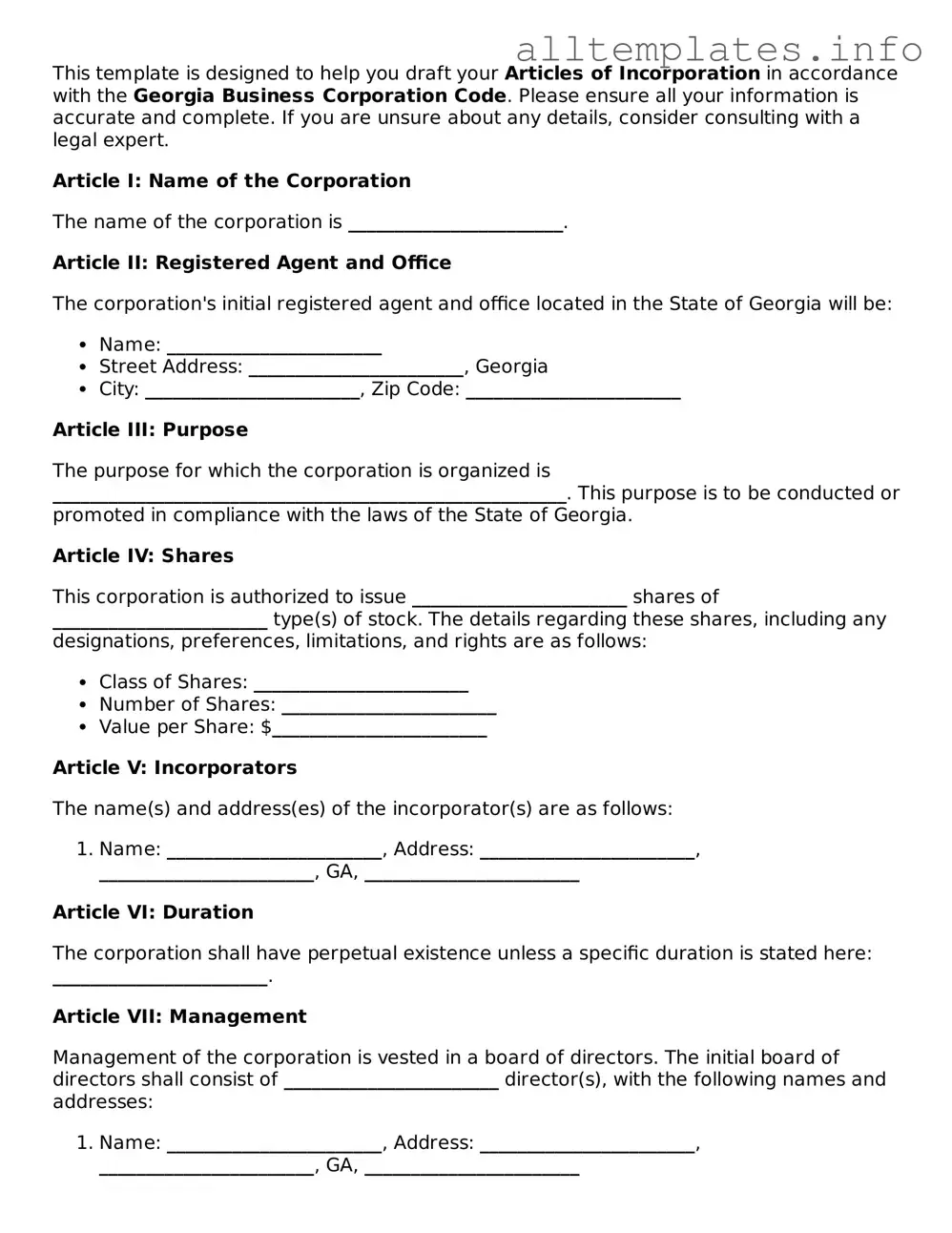 Attorney-Approved  Articles of Incorporation Document for Georgia