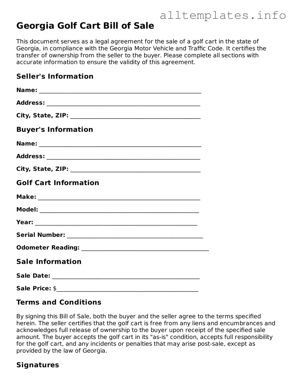 Attorney-Approved  Golf Cart Bill of Sale Document for Georgia