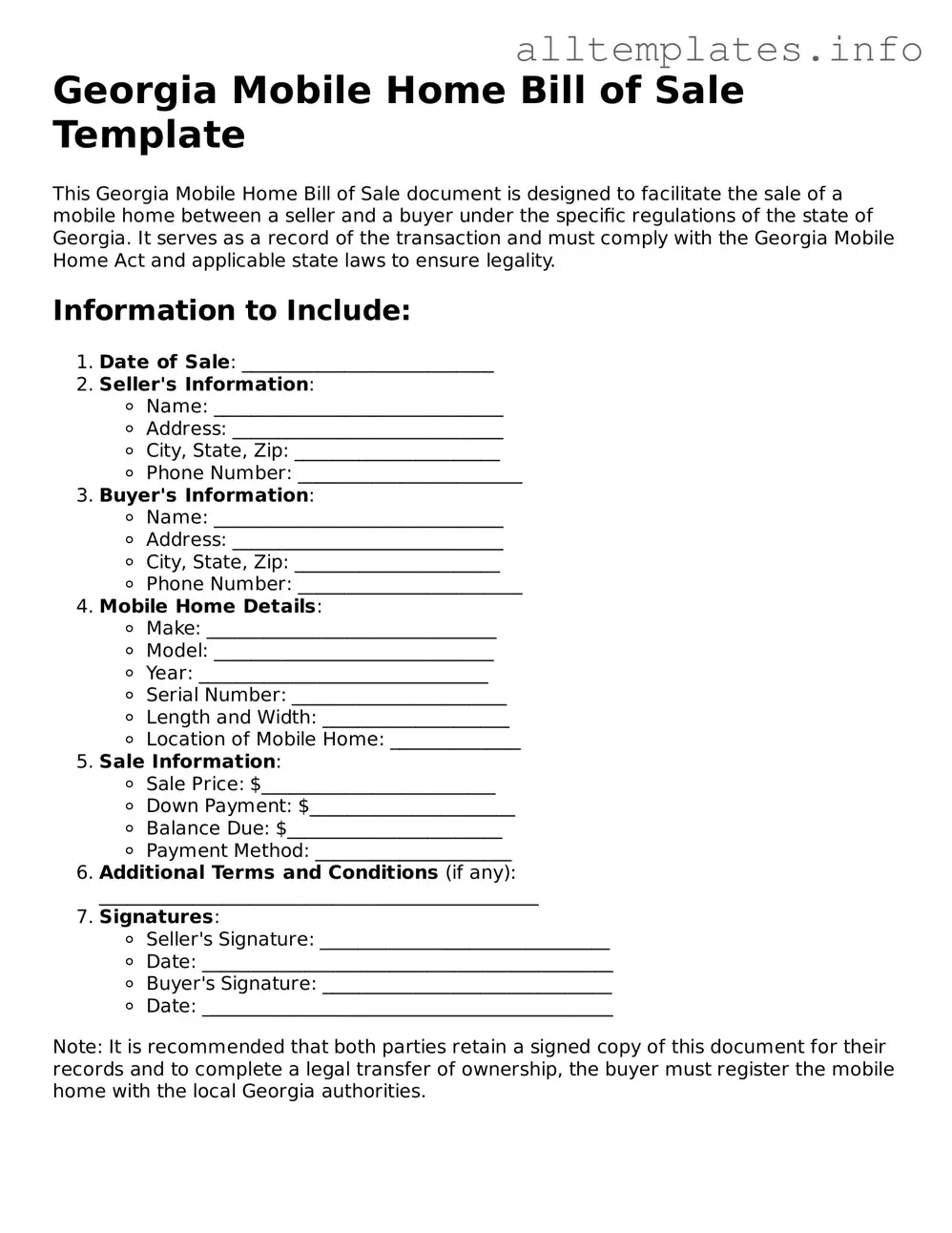 Attorney-Approved  Mobile Home Bill of Sale Document for Georgia