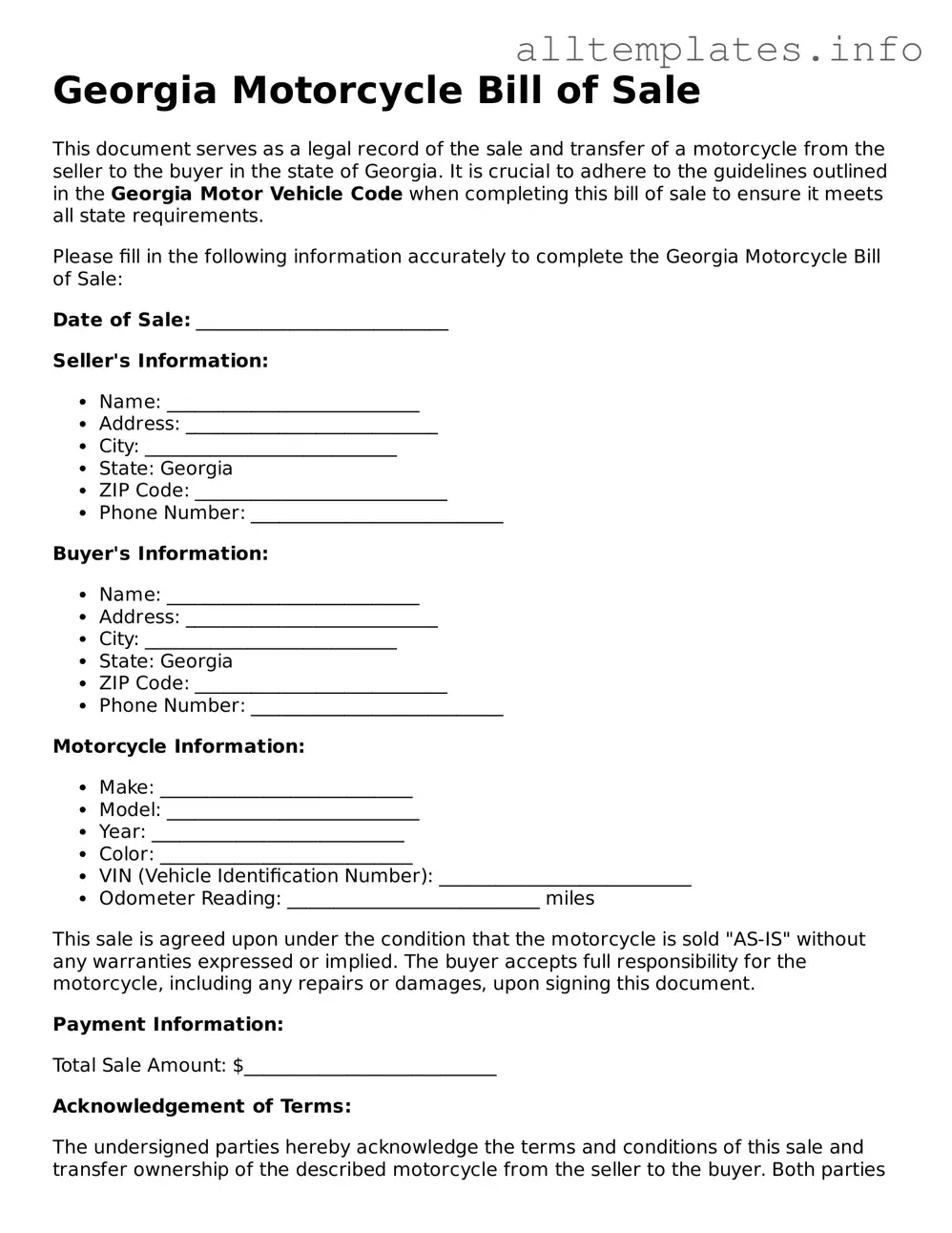 Attorney-Approved  Motorcycle Bill of Sale Document for Georgia