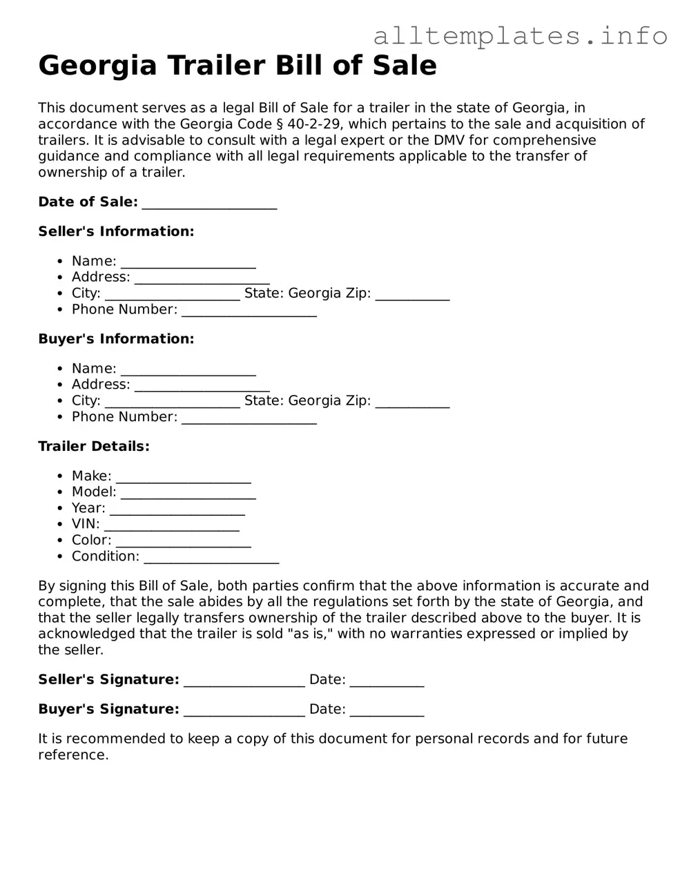 Attorney-Approved  Trailer Bill of Sale Document for Georgia