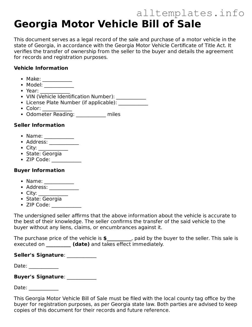 Attorney-Approved  Motor Vehicle Bill of Sale Document for Georgia
