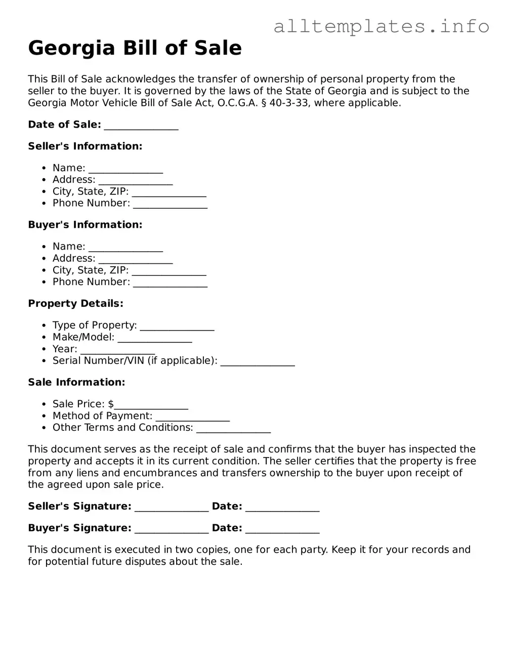 Attorney-Approved  Bill of Sale Document for Georgia