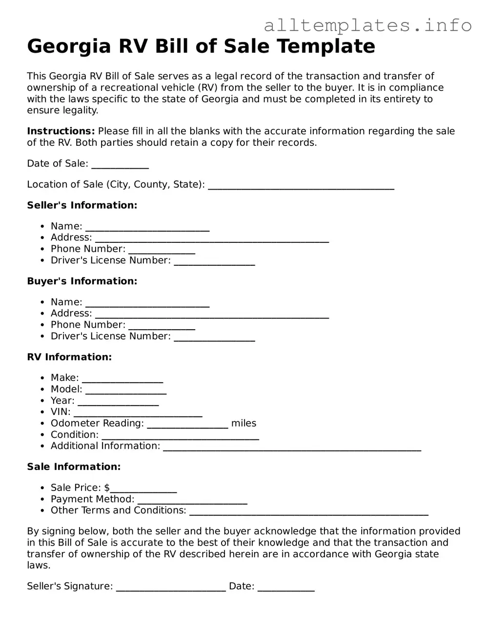 Attorney-Approved  RV Bill of Sale Document for Georgia