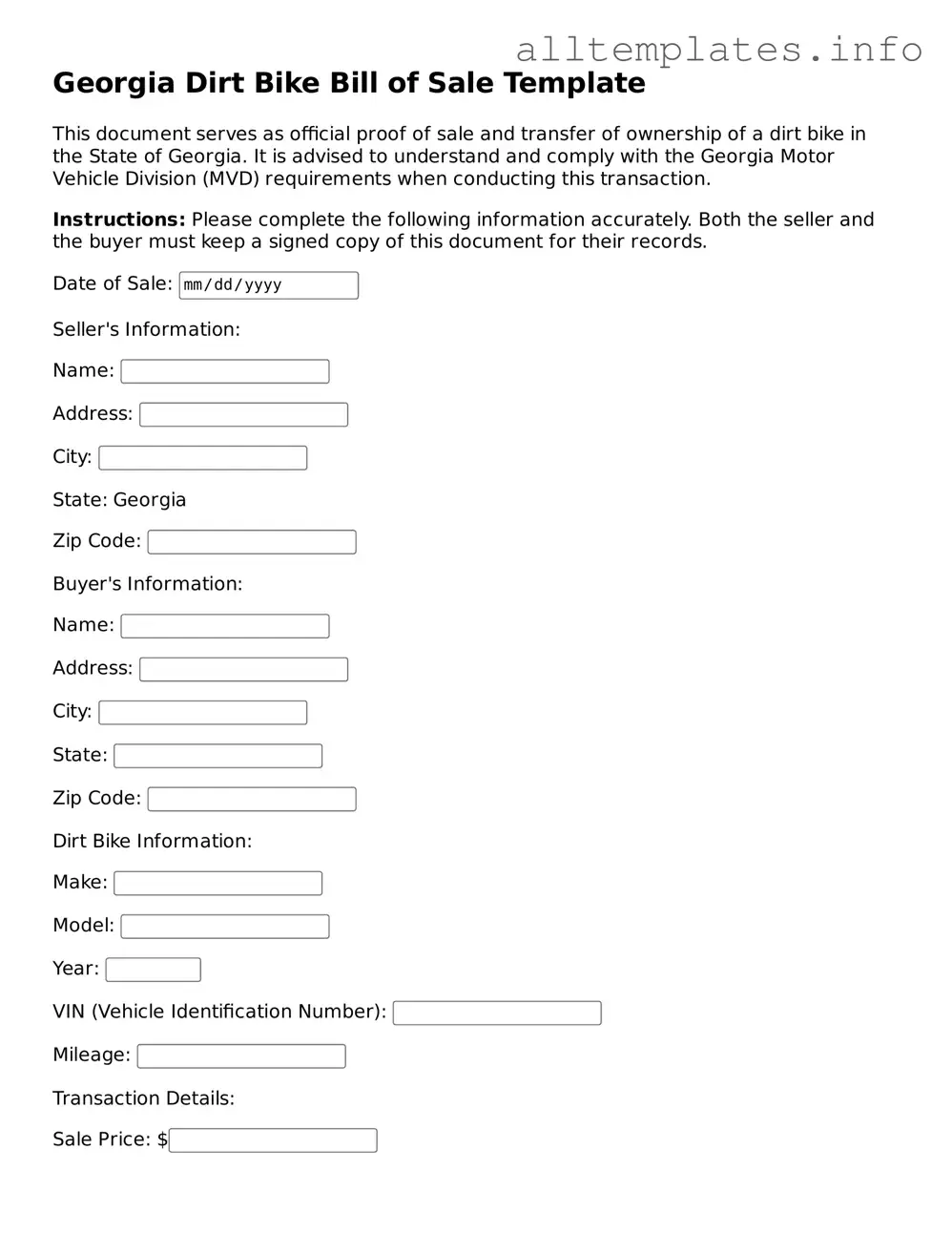 Attorney-Approved  Dirt Bike Bill of Sale Document for Georgia