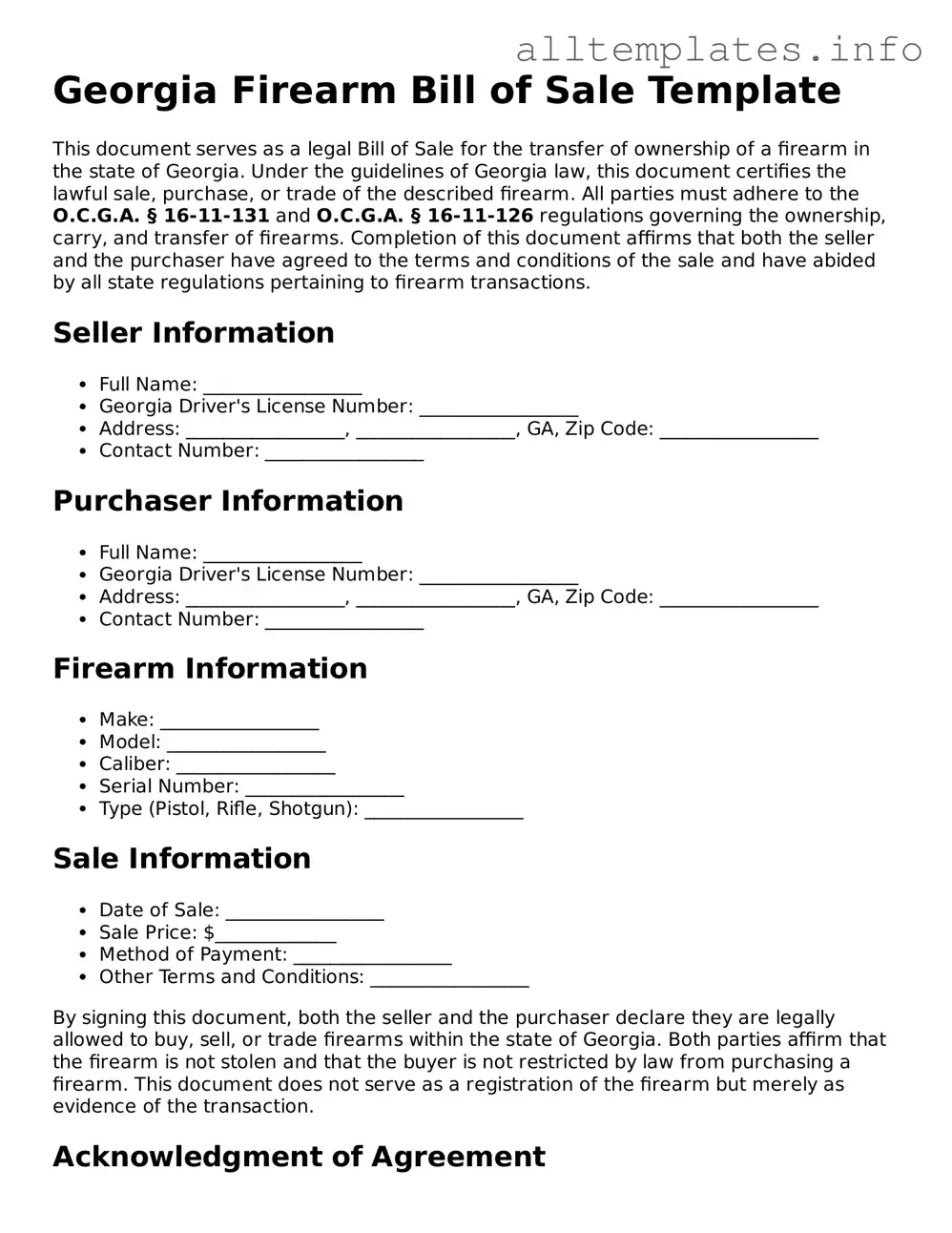 Attorney-Approved  Firearm Bill of Sale Document for Georgia