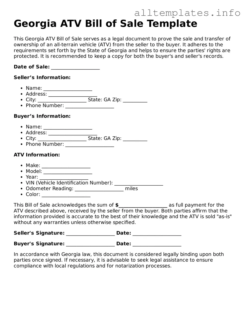 Attorney-Approved  ATV Bill of Sale Document for Georgia